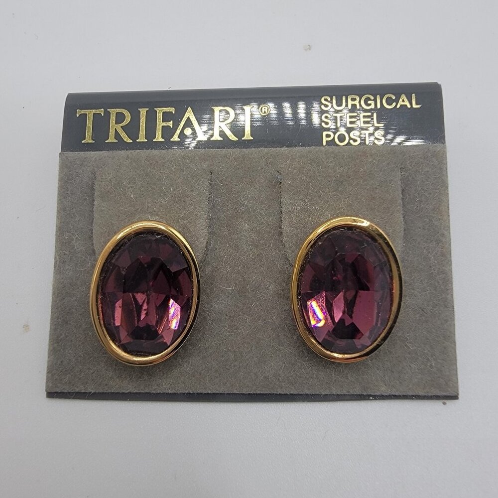 NEW Vintage Trifari Purple Oval Pierced Earrings Gold Tone Classic